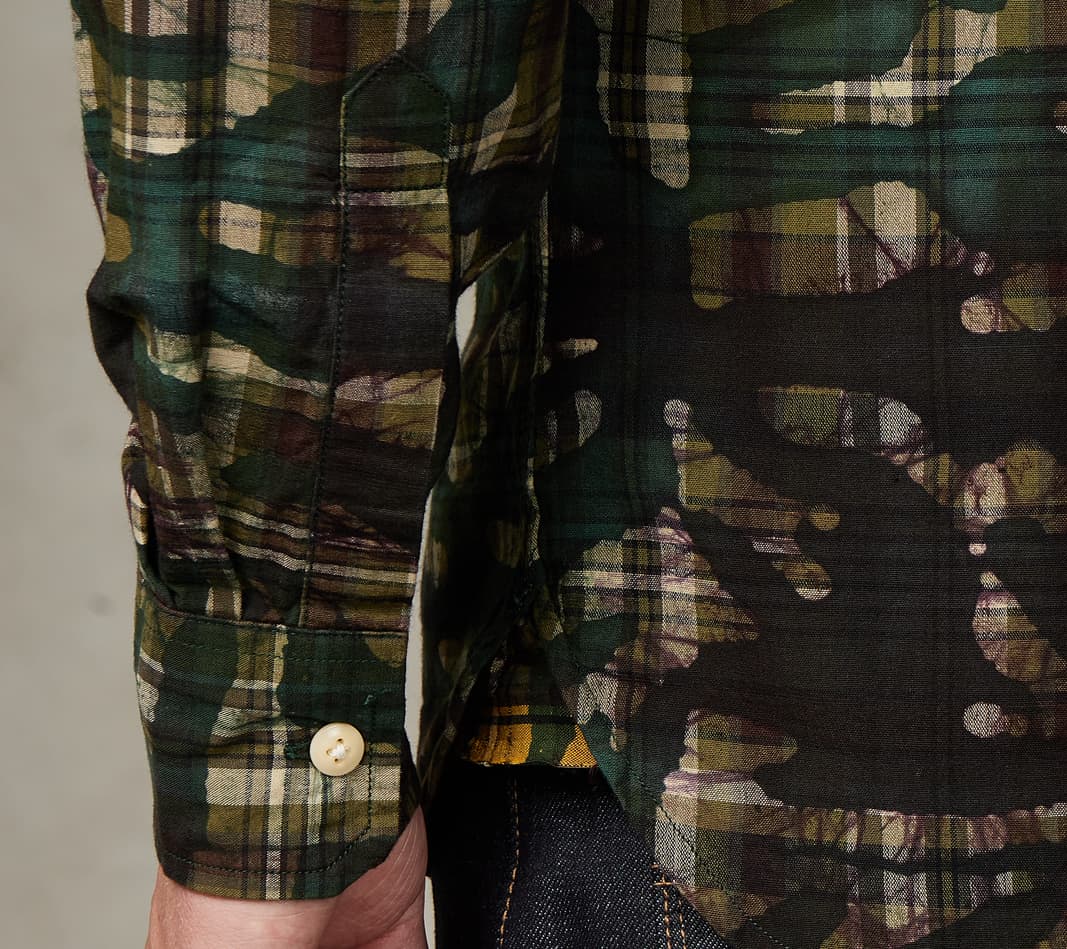 No.248 DR Field Pocket Utility Shirt - Handwoven Selvedge Stout Weave Madras - Olive Batik Camo Check