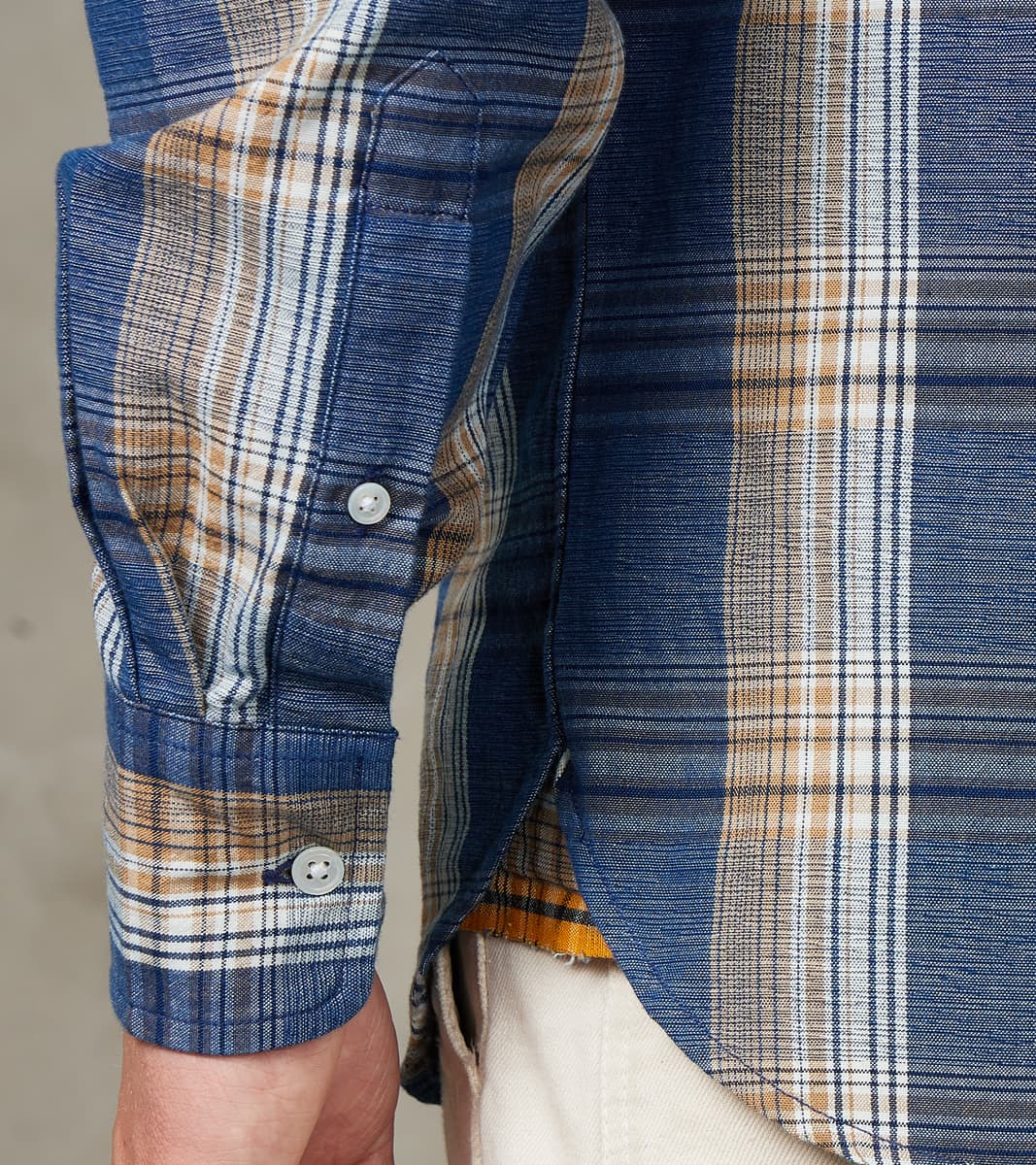 No.5 Classic Button Down - Handwoven Natural Dye & Raw Yarn Selvedge Stout Weave - Tan Blue Check