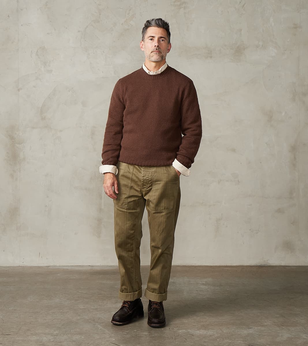 Italian Brushed Wool Shaggy Sheep Crewneck Jumper - Heathered Bark Brown