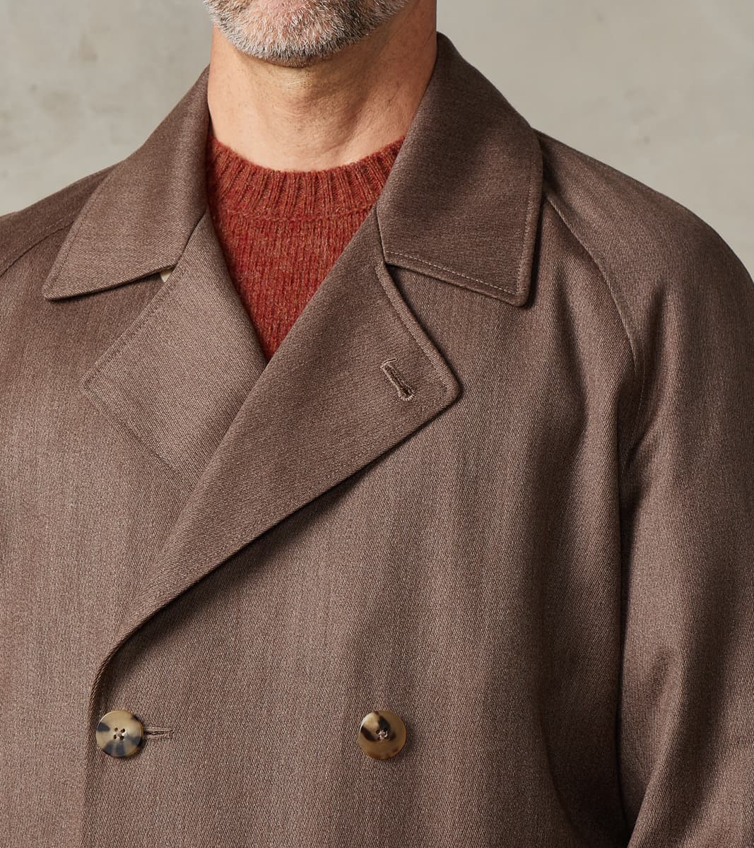 English Wool & Cotton Covert Cloth Grandad Trench Coat - Taupe
