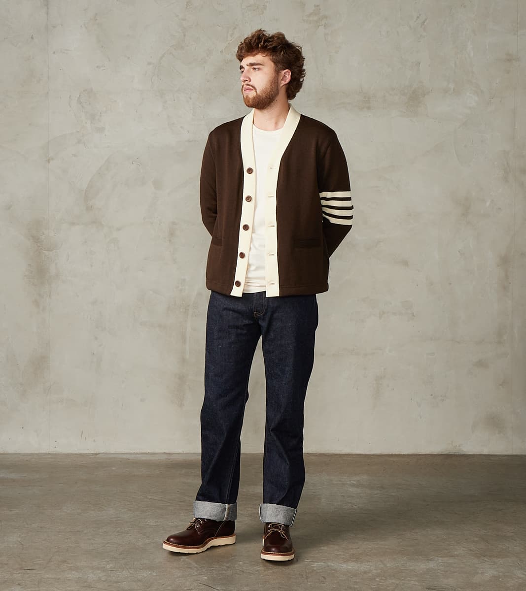 Barrister Cardigan - Brown & Vintage White