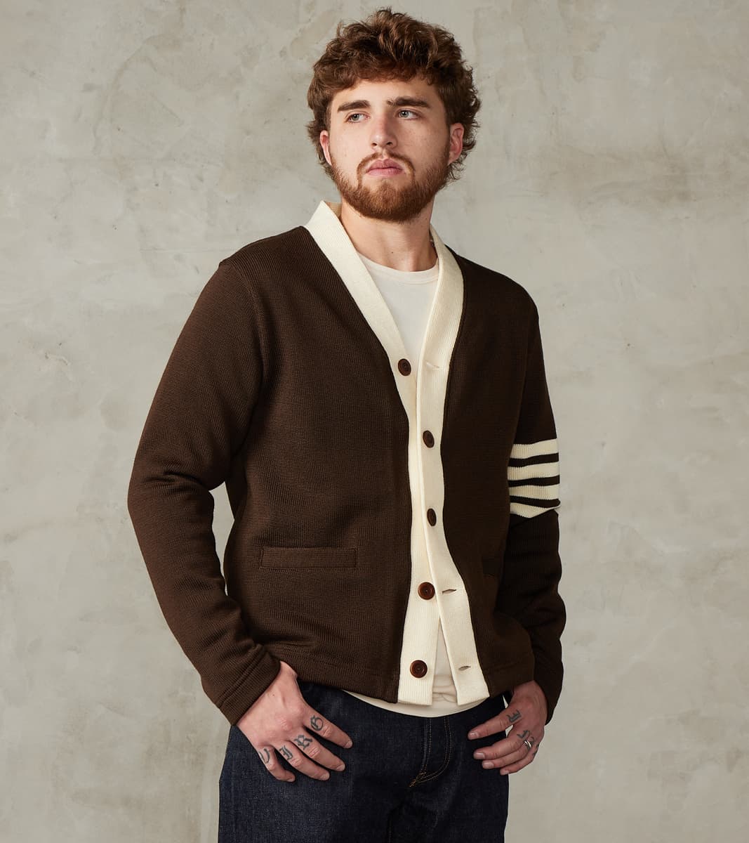 Dehen 1920 x Division Road Barrister Cardigan - Brown & Vintage White