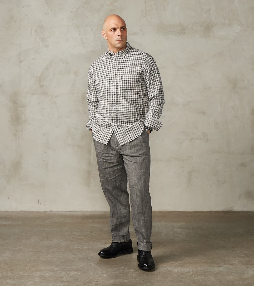 Enfield 055 Trouser - Pleated Tapered - Grey Cotton Linen Herringbone Twill