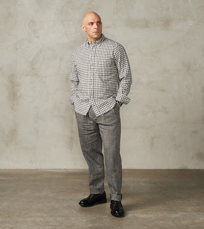 Enfield 055 Trouser - Pleated Tapered - Grey Cotton Linen Herringbone Twill