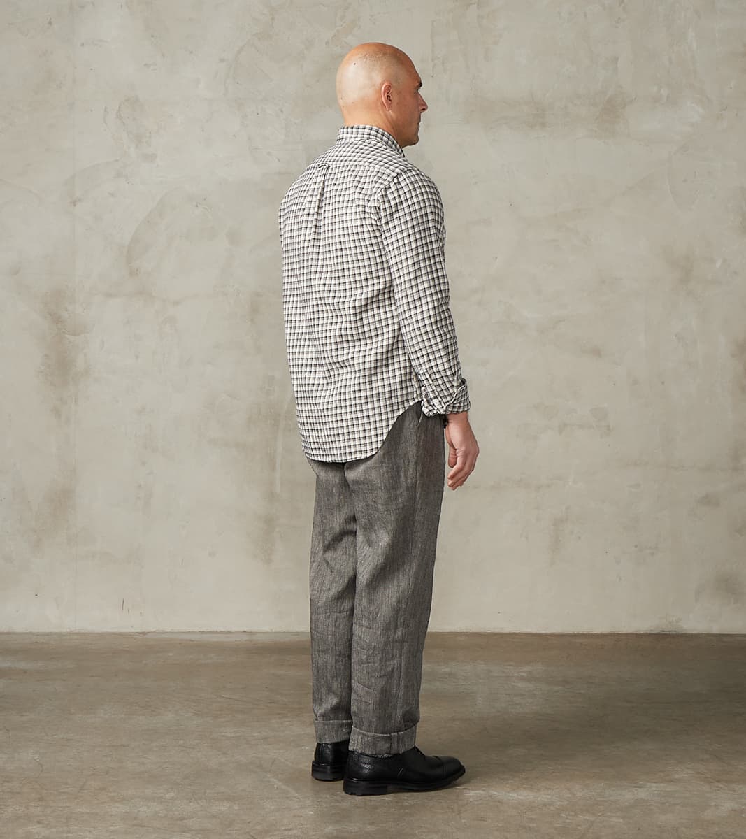 Enfield 055 Trouser - Pleated Tapered - Grey Cotton Linen Herringbone Twill
