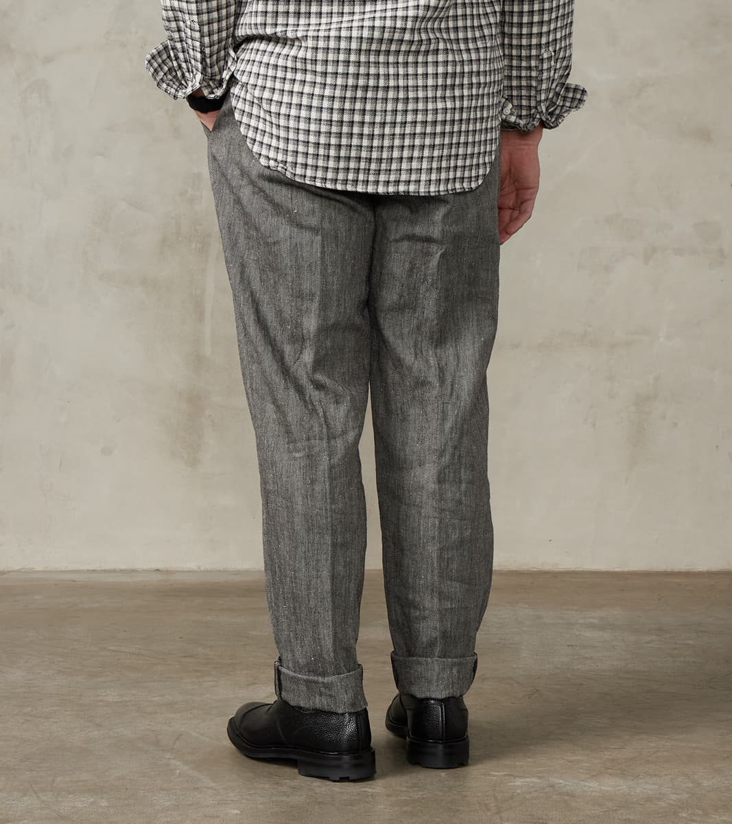 Enfield 055 Trouser - Pleated Tapered - Grey Cotton Linen Herringbone Twill