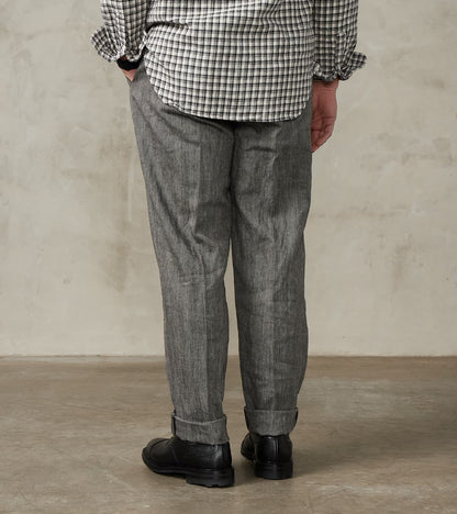Enfield 055 Trouser - Pleated Tapered - Grey Cotton Linen Herringbone Twill