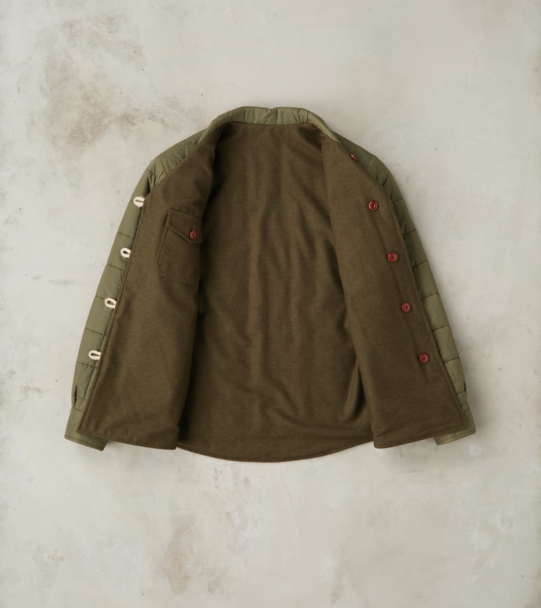Hebron 796 Reversible Naval Shirt Jacket - Olive Washed Wool Flannel & Quilted Satin