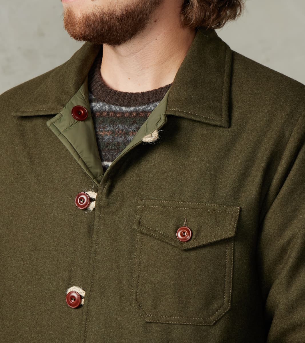 Hebron 796 Reversible Naval Shirt Jacket - Olive Washed Wool Flannel & Quilted Satin