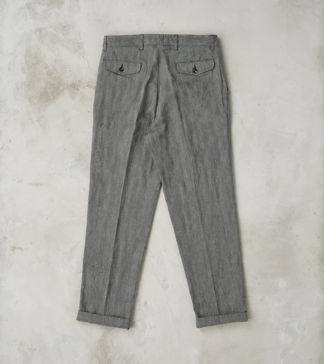 Enfield 055 Trouser - Pleated Tapered - Grey Cotton Linen Herringbone Twill