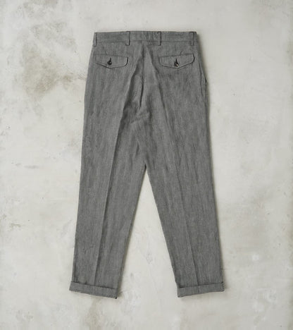 Enfield 055 Trouser - Pleated Tapered - Grey Cotton Linen Herringbone Twill