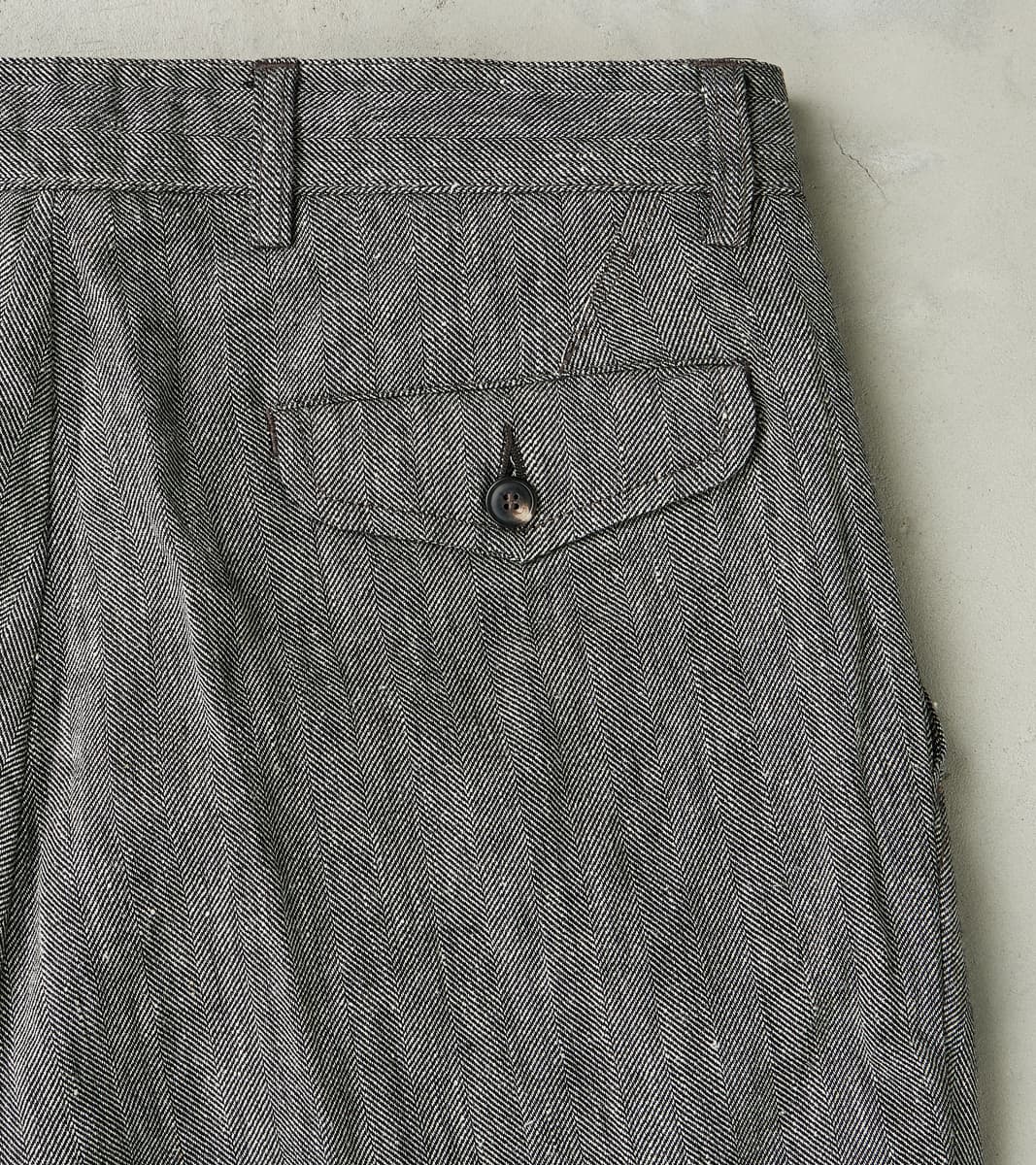 Enfield 055 Trouser - Pleated Tapered - Grey Cotton Linen Herringbone Twill