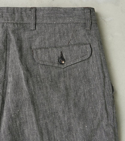Enfield 055 Trouser - Pleated Tapered - Grey Cotton Linen Herringbone Twill