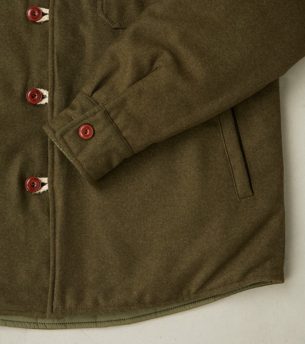 Hebron 796 Reversible Naval Shirt Jacket - Olive Washed Wool Flannel & Quilted Satin
