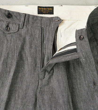 Enfield 055 Trouser - Pleated Tapered - Grey Cotton Linen Herringbone Twill