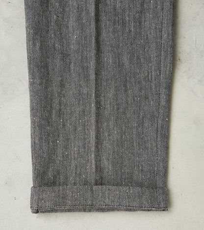 Enfield 055 Trouser - Pleated Tapered - Grey Cotton Linen Herringbone Twill