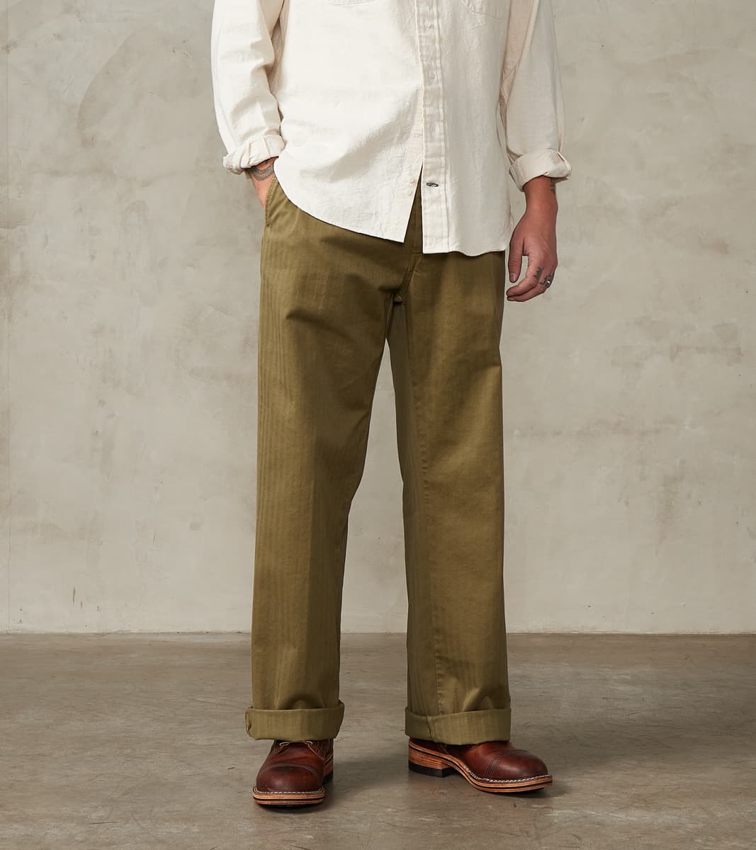 Fortela Silver Utility Trouser - Sage Herringbone Twill