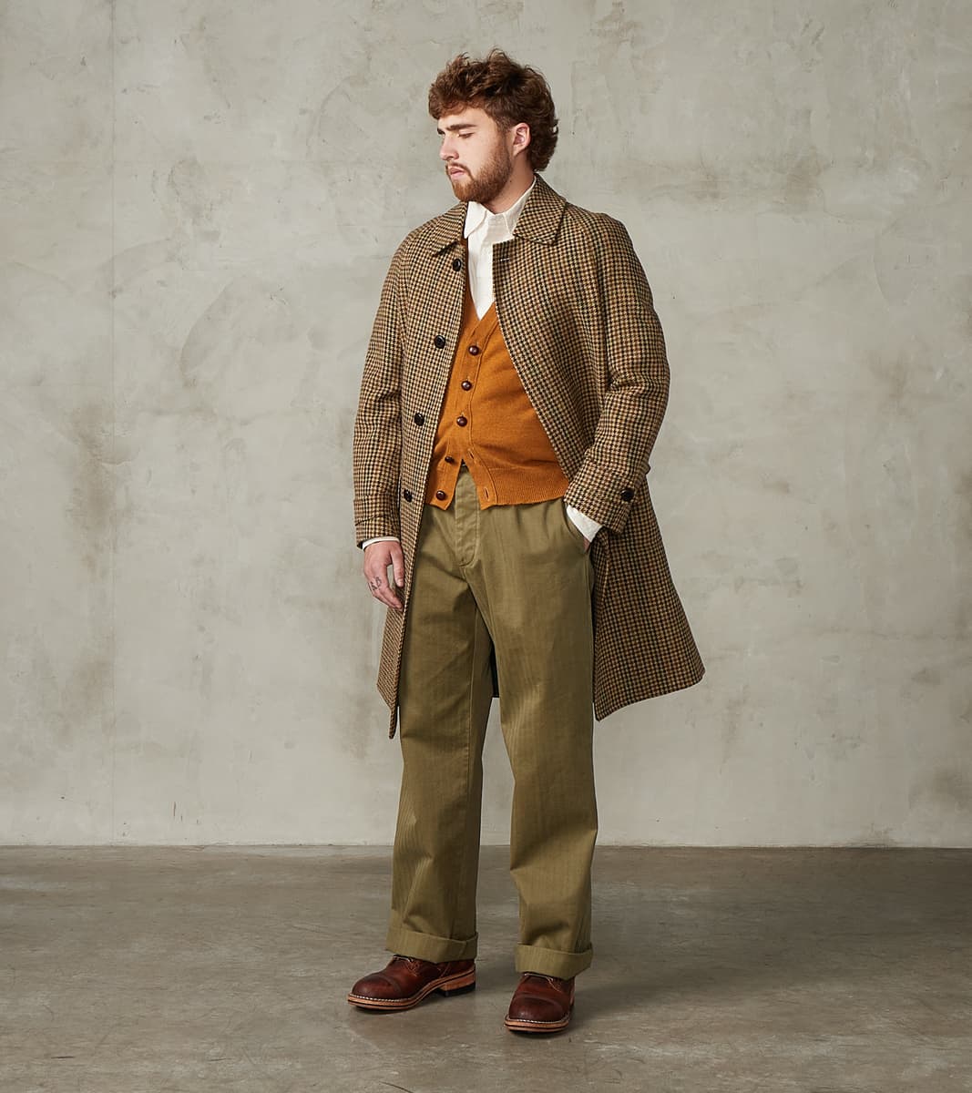 Fortela Amedeo Balmacaan Coat - Camel Shetland Houndstooth Check
