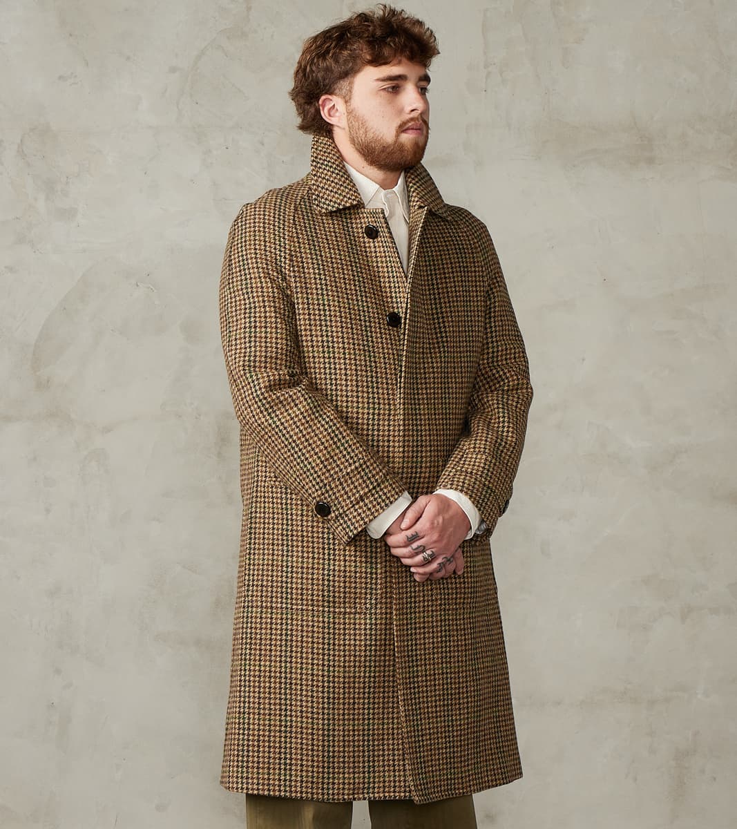 Amedeo Balmacaan Coat - Camel Shetland Houndstooth Check