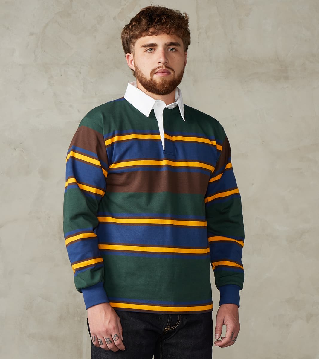 Fox Brothers® x Division Road Heritage Rugby Shirt - Forest & Navy Str…
