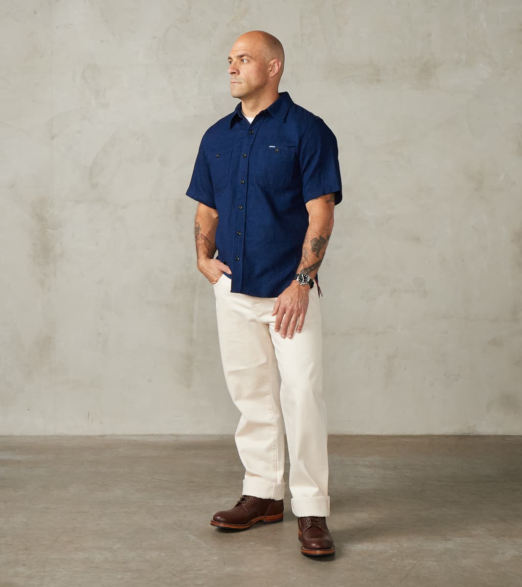 417-IND - Short Sleeved Work Shirt - 5oz Double Gauze Indigo Cloth