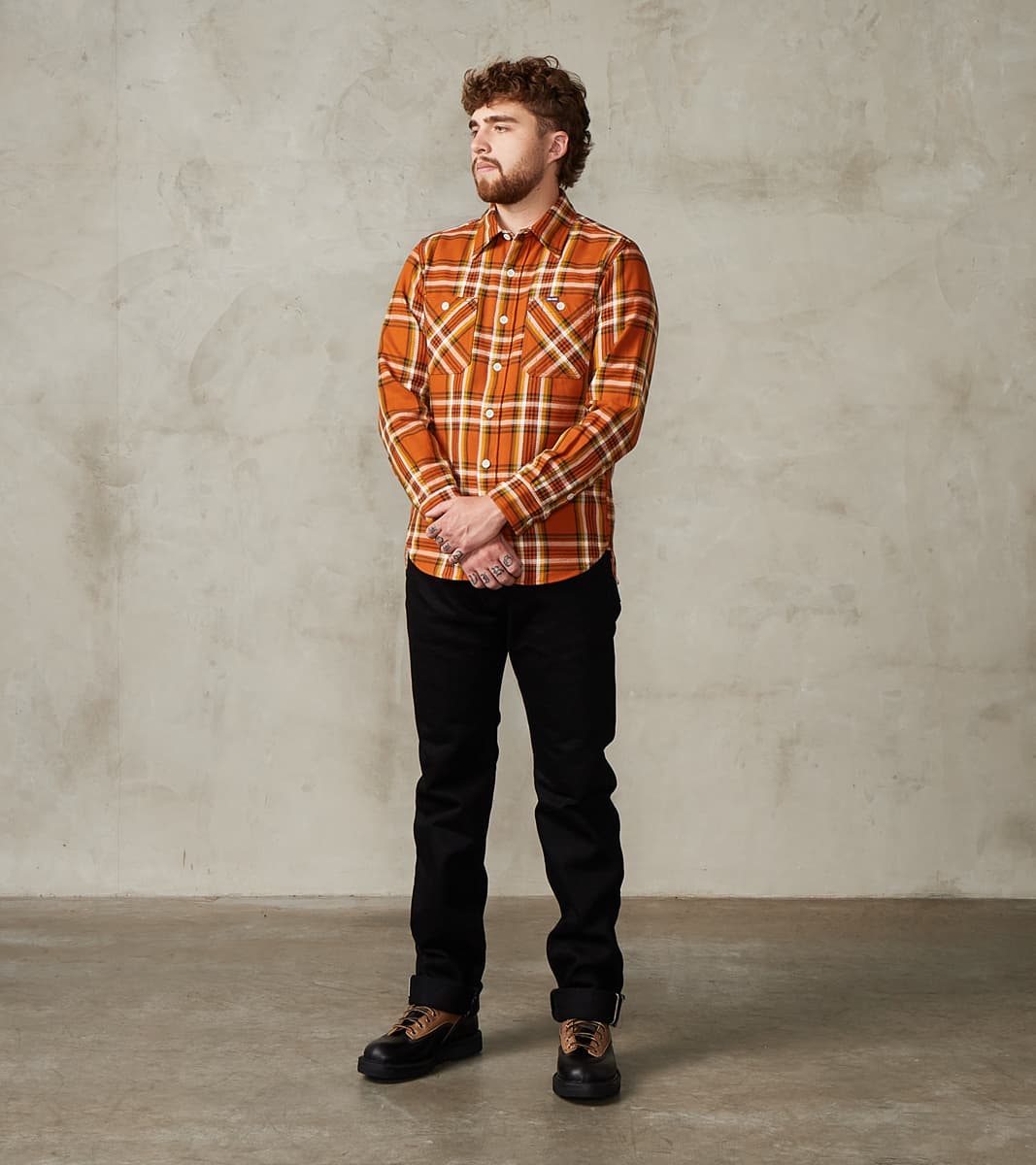 442-ORA - Work Shirt - 9oz Selvedge Flannel Orange Check