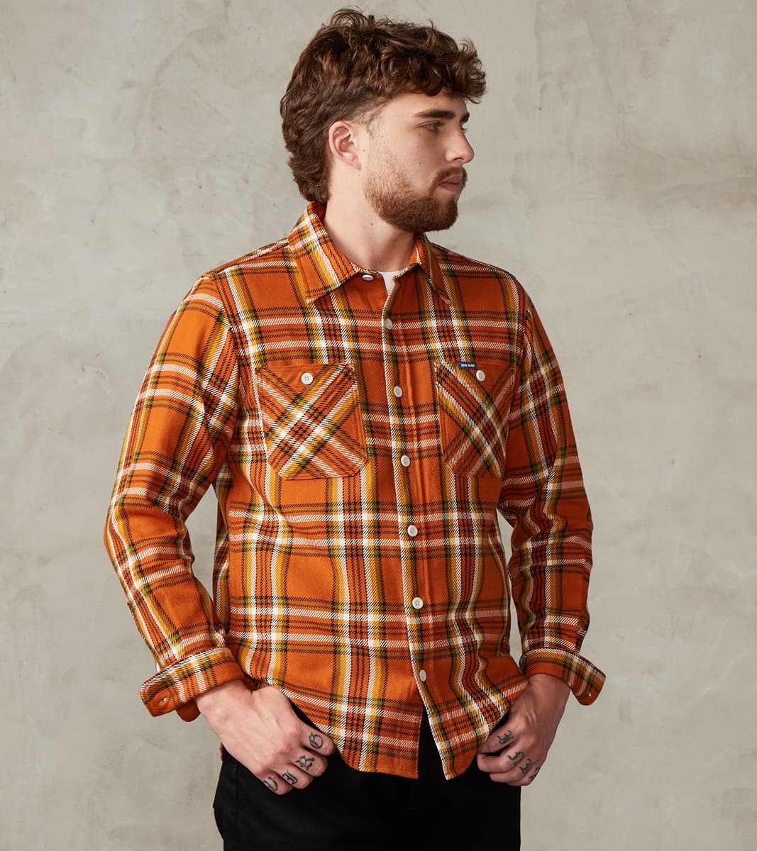 Iron Heart 442-ORA - Work Shirt - 9oz Selvedge Flannel Orange Check