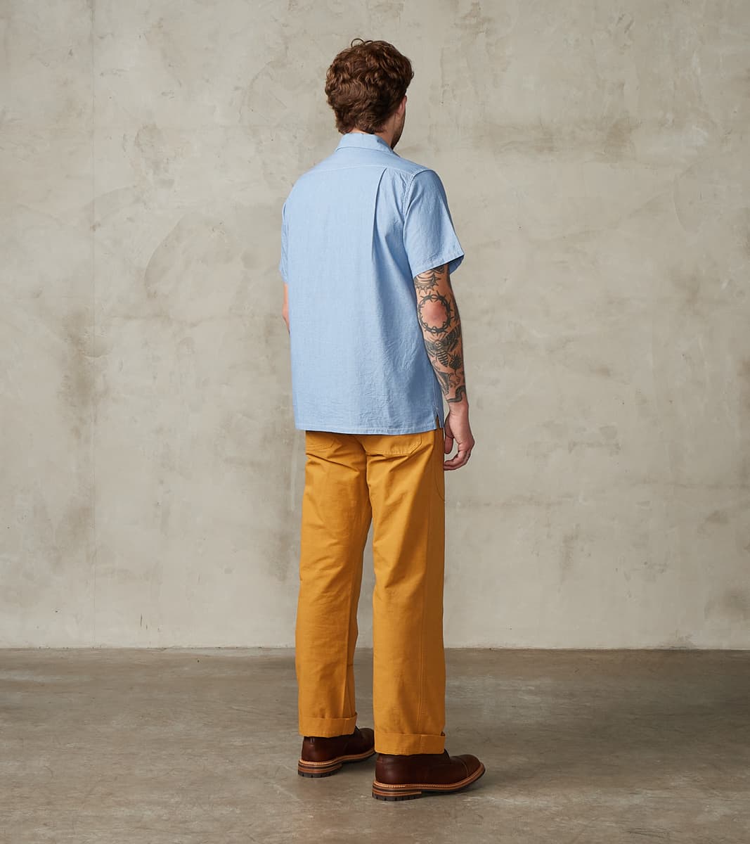 447-SAX - Open Collar Short Sleeve Shirt - 5oz Sax Blue Cotton Linen