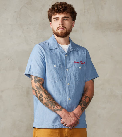 Iron Heart 447-SAX - Open Collar Short Sleeve Shirt - 5oz Sax Blue Cot…
