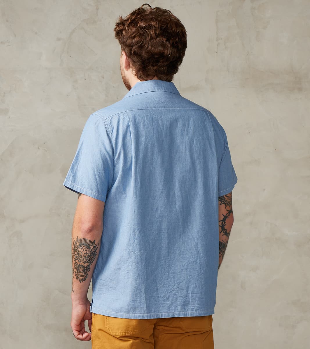 447-SAX - Open Collar Short Sleeve Shirt - 5oz Sax Blue Cotton Linen