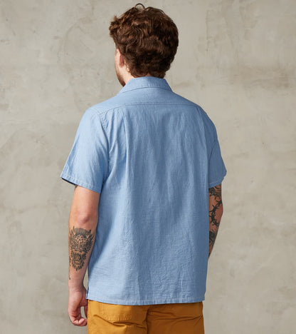 447-SAX - Open Collar Short Sleeve Shirt - 5oz Sax Blue Cotton Linen