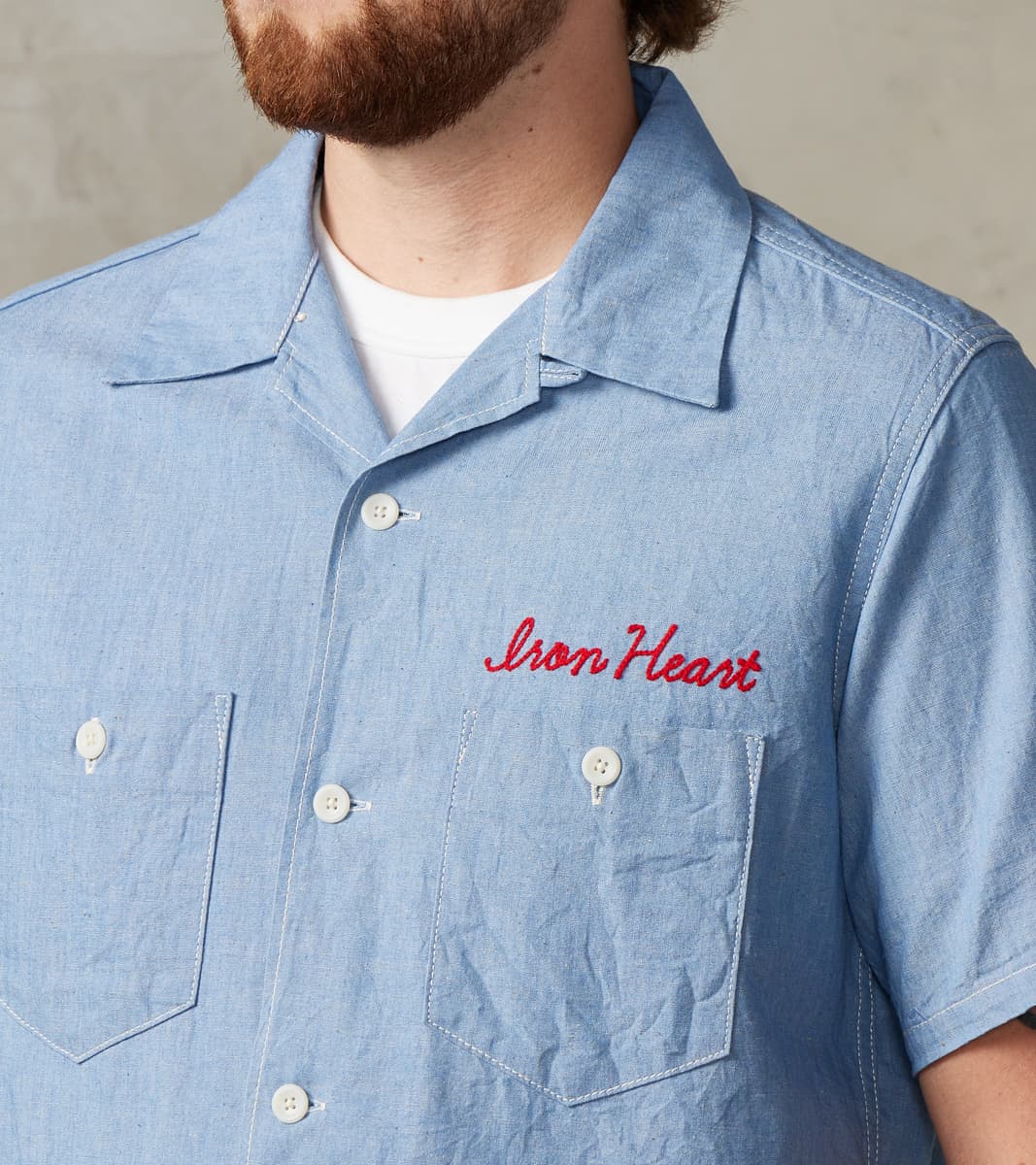 447-SAX - Open Collar Short Sleeve Shirt - 5oz Sax Blue Cotton Linen