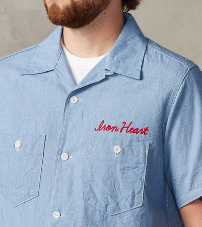 447-SAX - Open Collar Short Sleeve Shirt - 5oz Sax Blue Cotton Linen