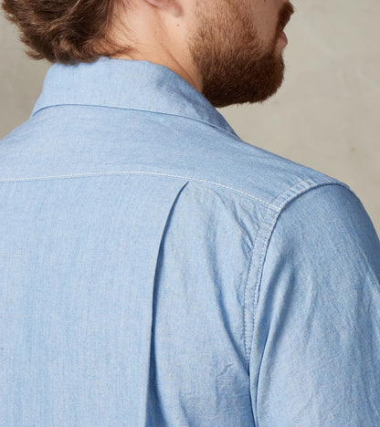 447-SAX - Open Collar Short Sleeve Shirt - 5oz Sax Blue Cotton Linen