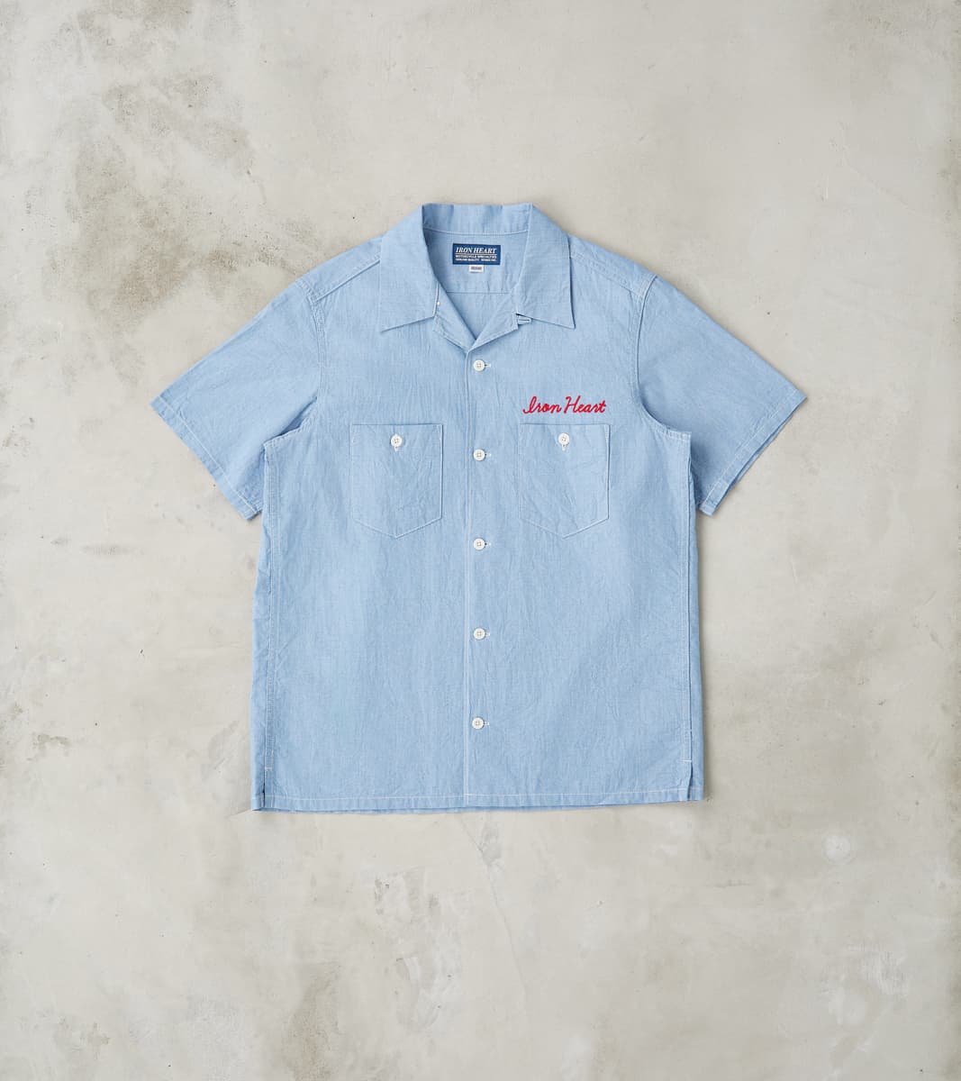 Iron Heart 447-SAX - Open Collar Short Sleeve Shirt - 5oz Sax Blue Cot…