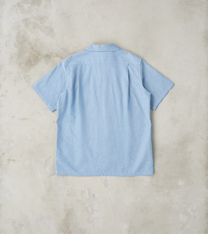 447-SAX - Open Collar Short Sleeve Shirt - 5oz Sax Blue Cotton Linen