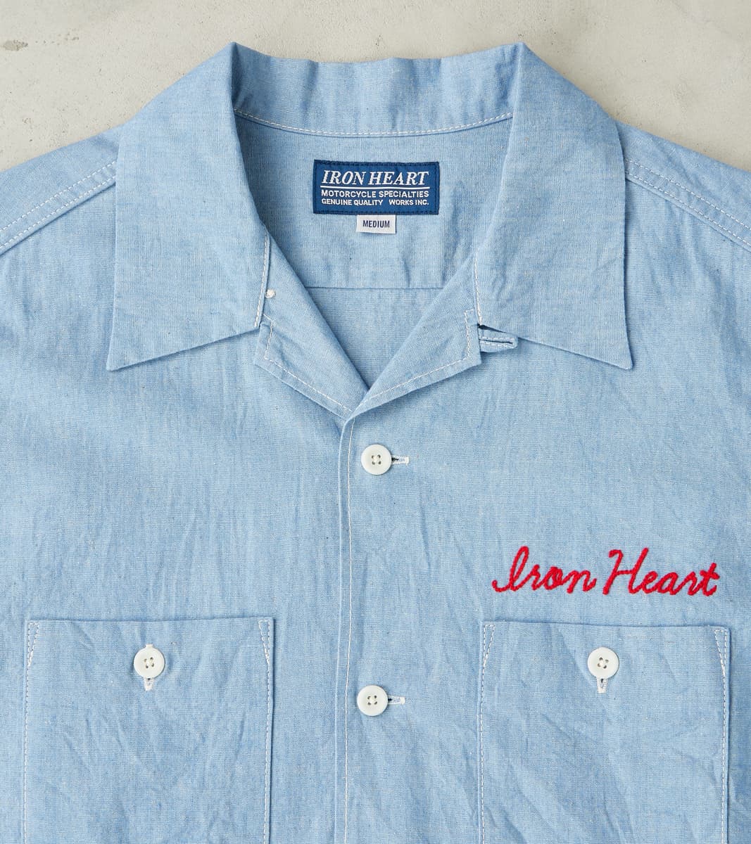 447-SAX - Open Collar Short Sleeve Shirt - 5oz Sax Blue Cotton Linen