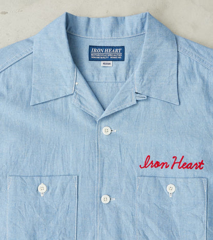 447-SAX - Open Collar Short Sleeve Shirt - 5oz Sax Blue Cotton Linen