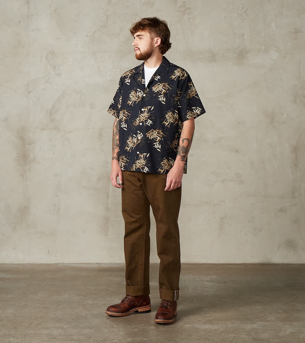 MMSS6004 - Cotton/Rayon Camp Shirt - Black Shuttle Loom Print