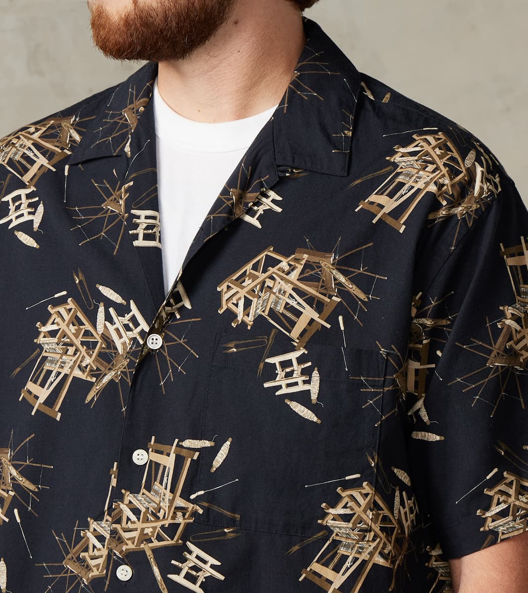 MMSS6004 - Cotton/Rayon Camp Shirt - Black Shuttle Loom Print