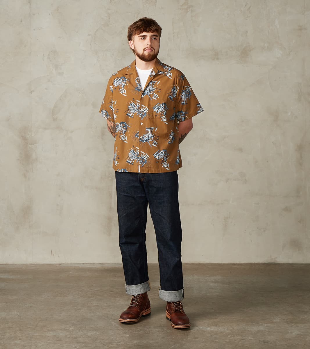 MMSS6004 - Cotton/Rayon Camp Shirt - Brown Shuttle Loom Print