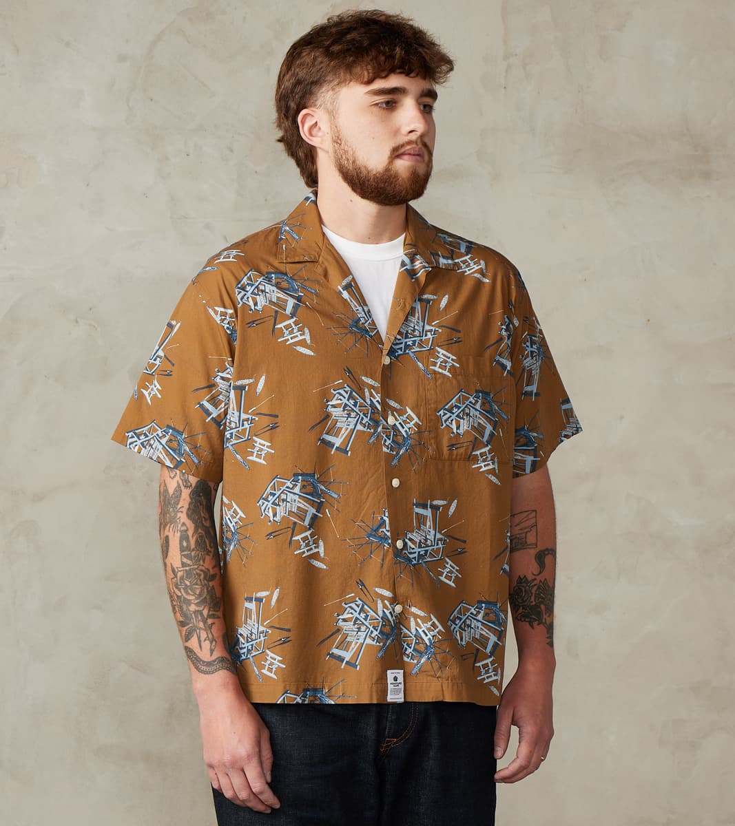 Momotaro Jeans - MMSS6004 - Cotton/Rayon Camp Shirt - Brown Shuttle Lo…