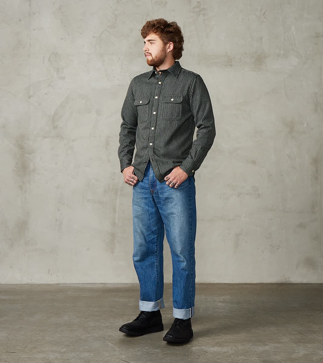 No.248 DR Field Pocket Utility Shirt - Handwoven Selvedge 10oz Twill Dobby Weave Denim - Olive Indigo Stripe