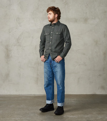 No.248 DR Field Pocket Utility Shirt - Handwoven Selvedge 10oz Twill Dobby Weave Denim - Olive Indigo Stripe