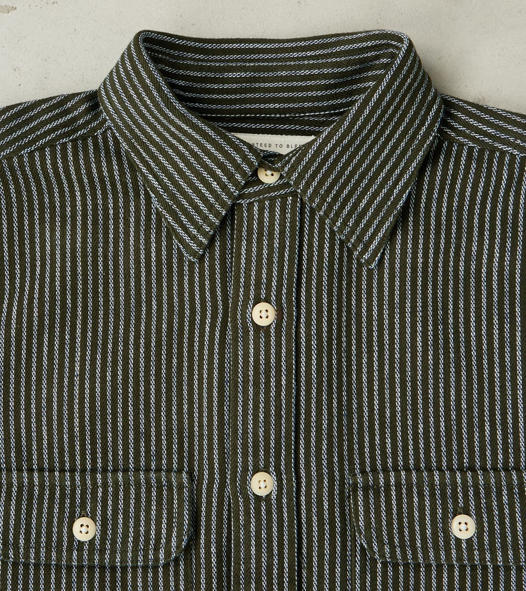 No.248 DR Field Pocket Utility Shirt - Handwoven Selvedge 10oz Twill Dobby Weave Denim - Olive Indigo Stripe