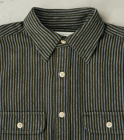 No.248 DR Field Pocket Utility Shirt - Handwoven Selvedge 10oz Twill Dobby Weave Denim - Olive Indigo Stripe