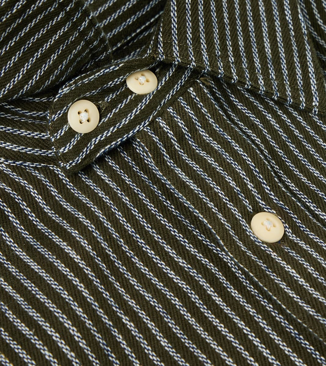 No.248 DR Field Pocket Utility Shirt - Handwoven Selvedge 10oz Twill Dobby Weave Denim - Olive Indigo Stripe