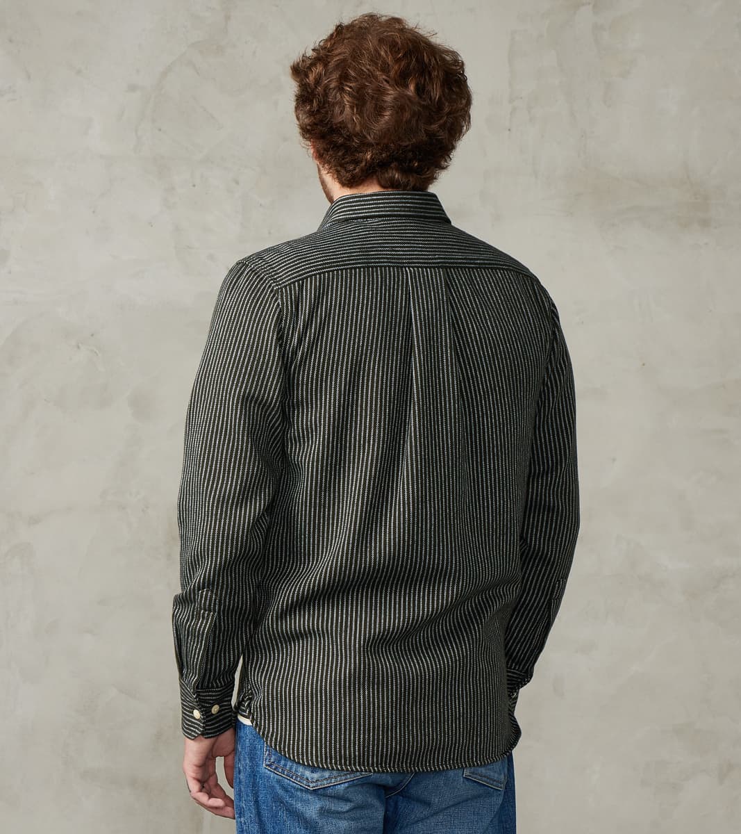No.248 DR Field Pocket Utility Shirt - Handwoven Selvedge 10oz Twill Dobby Weave Denim - Olive Indigo Stripe