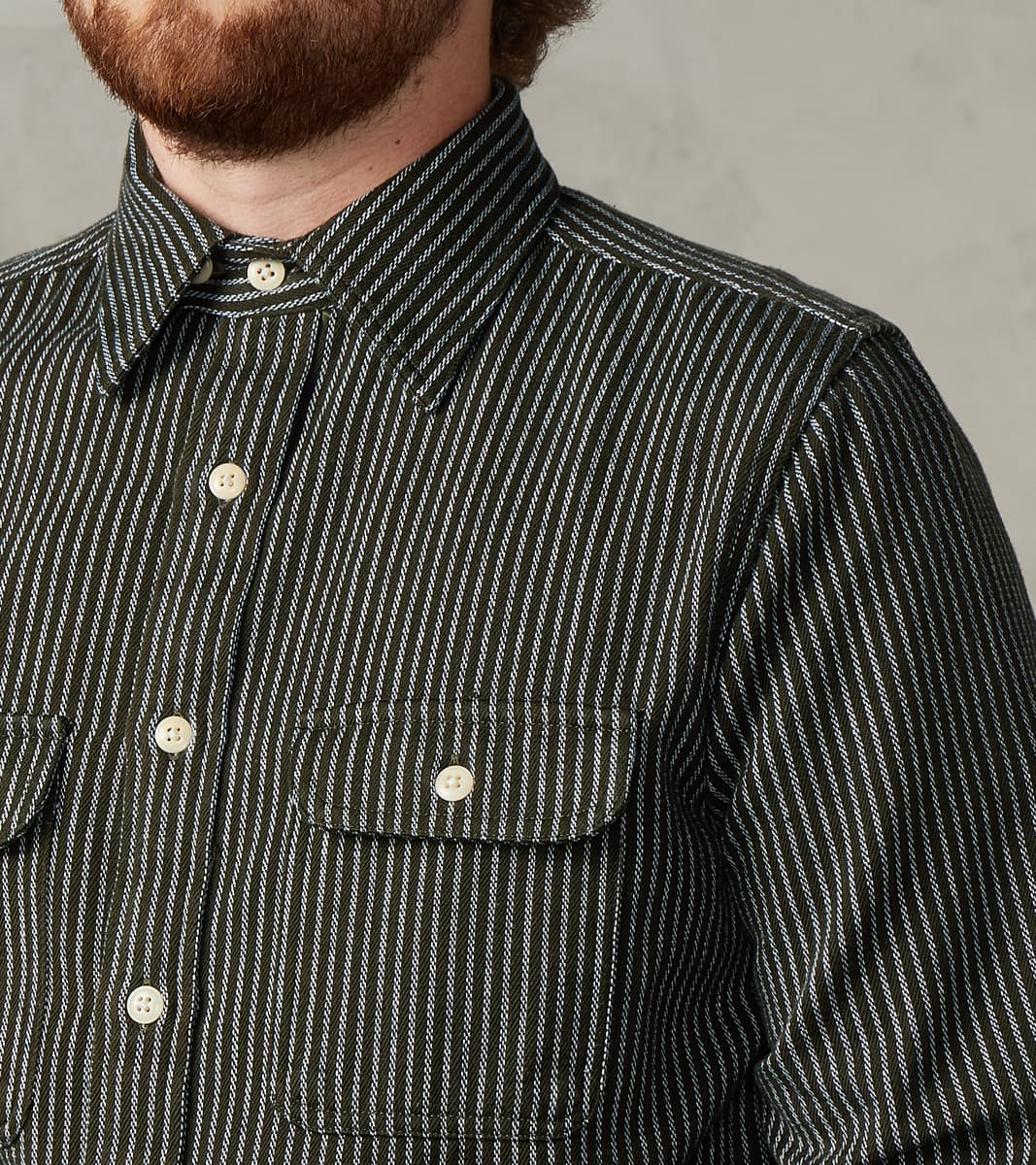 No.248 DR Field Pocket Utility Shirt - Handwoven Selvedge 10oz Twill Dobby Weave Denim - Olive Indigo Stripe