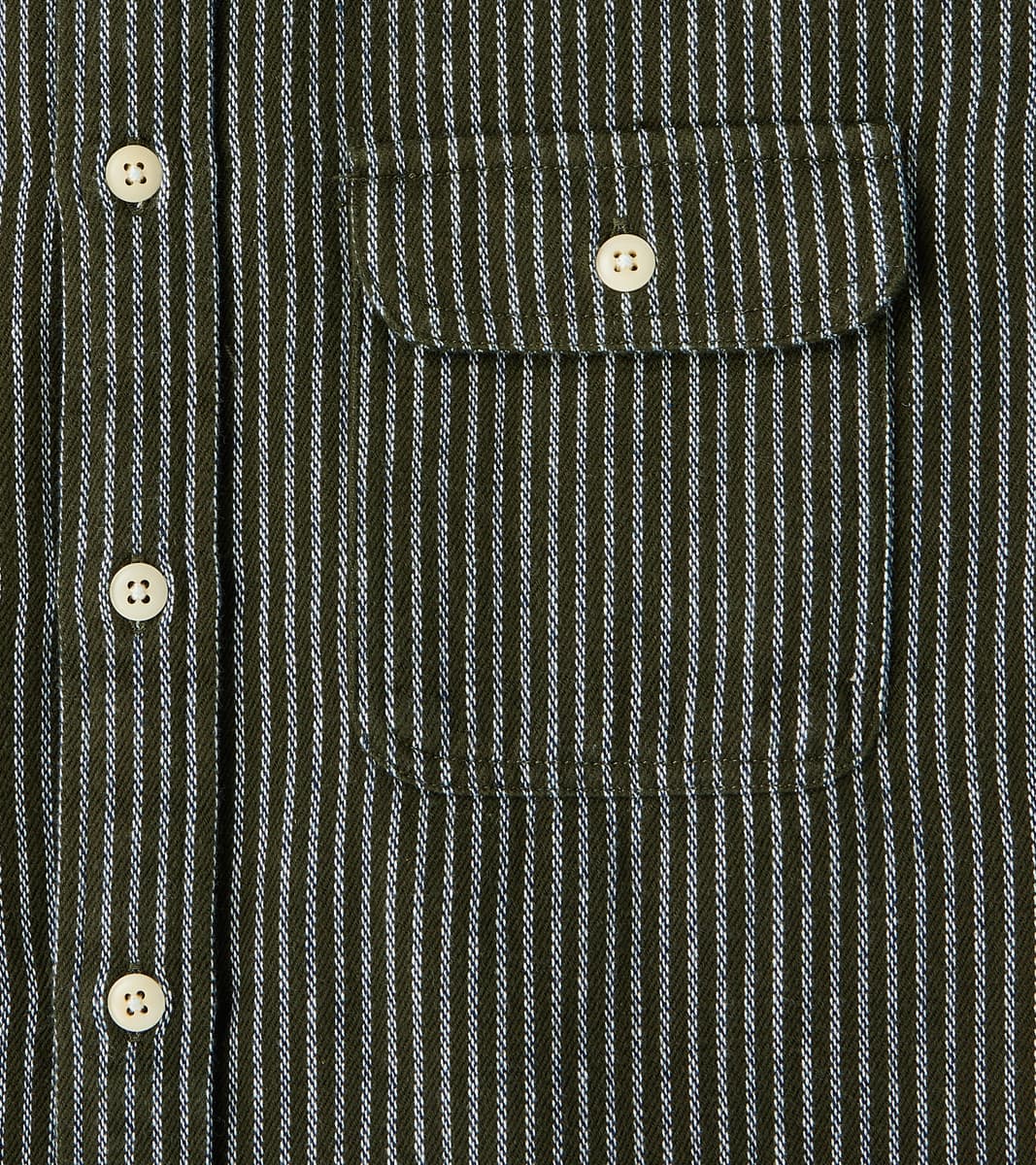 No.248 DR Field Pocket Utility Shirt - Handwoven Selvedge 10oz Twill Dobby Weave Denim - Olive Indigo Stripe